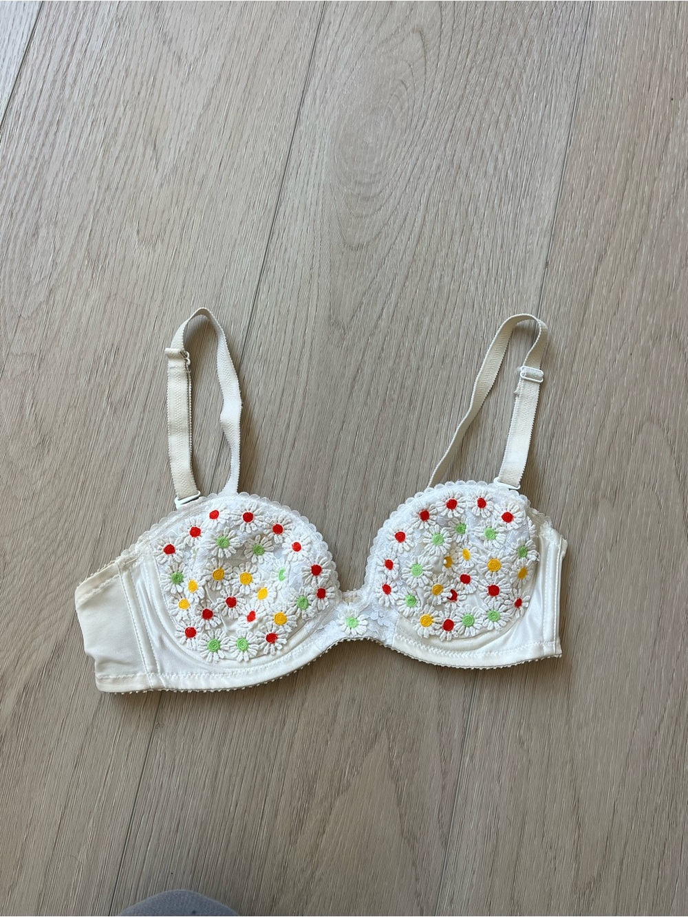 Vintage Cream Bra with Multicolor Daisy Embroidery